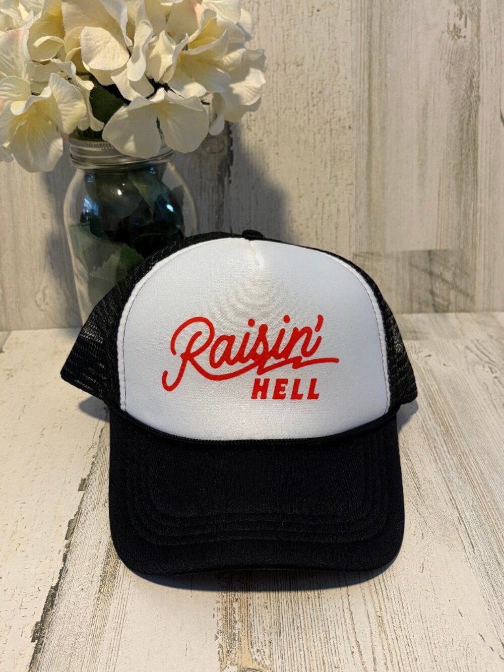 RAISIN' H*LL | NEW Your Big Sister's Hat Bar Custom Trucker Hat Black/White